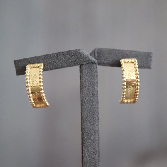 Real Gold 18K Yellow Gold Beaded Drop Earrings Half Moon Style Fine Jewelry